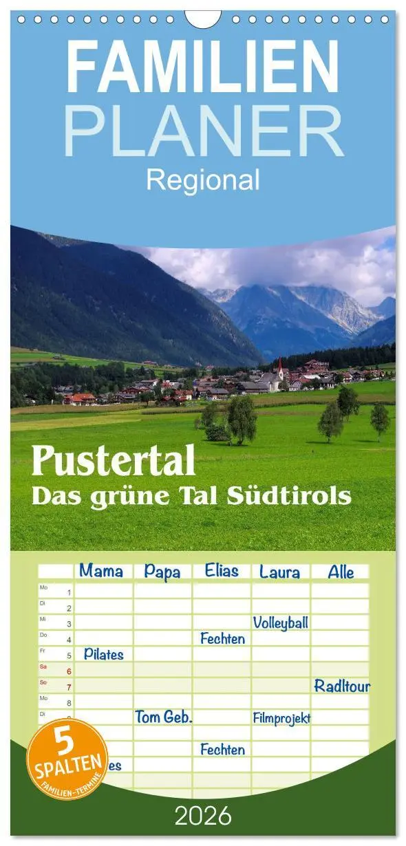 Cover: 9783516510430 | Familienplaner 2026 - Pustertal - Das grüne Tal Südtirols mit 5...