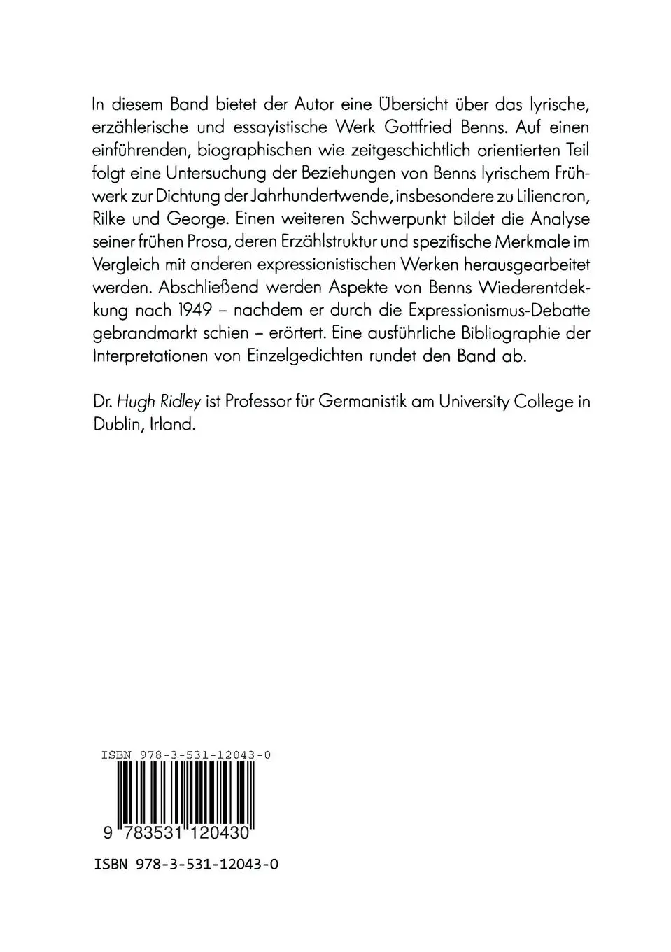 Rückseite: 9783531120430 | Gottfried Benn | Ein Schriftsteller zwischen Erneuerung und Reaktion