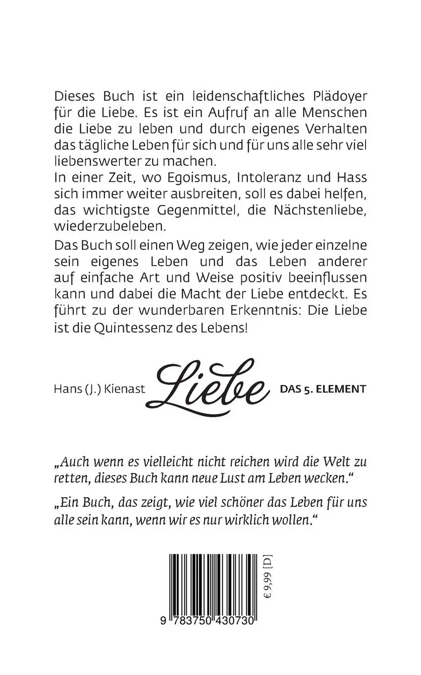 Rückseite: 9783750430730 | Liebe | Das fünfte Element | Hans J. Kienast | Taschenbuch | 84 S.