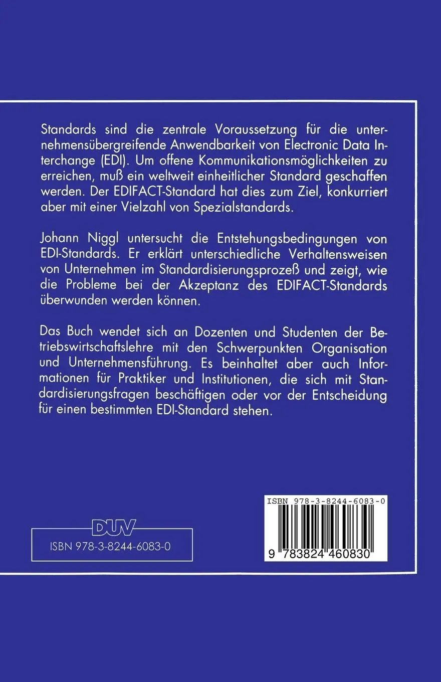 Rückseite: 9783824460830 | Die Entstehung von Electronic Data Interchange Standards | Niggl