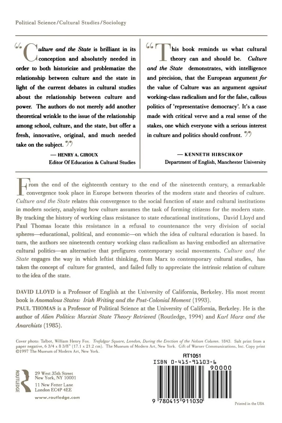 Rückseite: 9780415911030 | Culture and the State | David Lloyd (u. a.) | Taschenbuch | Englisch