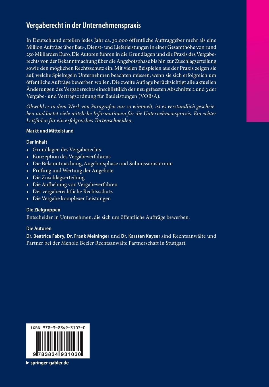 Rückseite: 9783834931030 | Vergaberecht in der Unternehmenspraxis | Beatrice Fabry (u. a.) | Buch