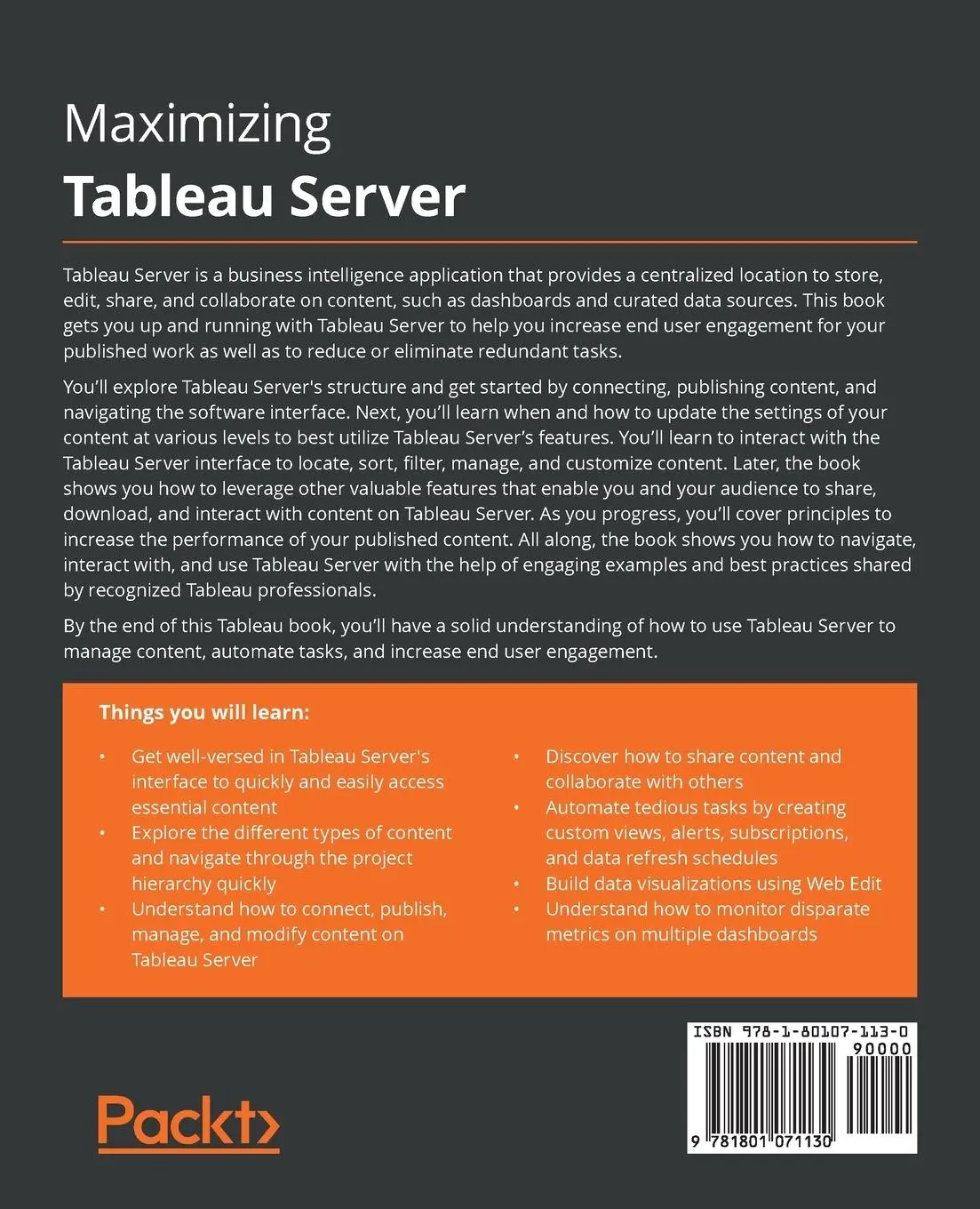 Rückseite: 9781801071130 | Maximizing Tableau Server | Patrick Sarsfield (u. a.) | Taschenbuch