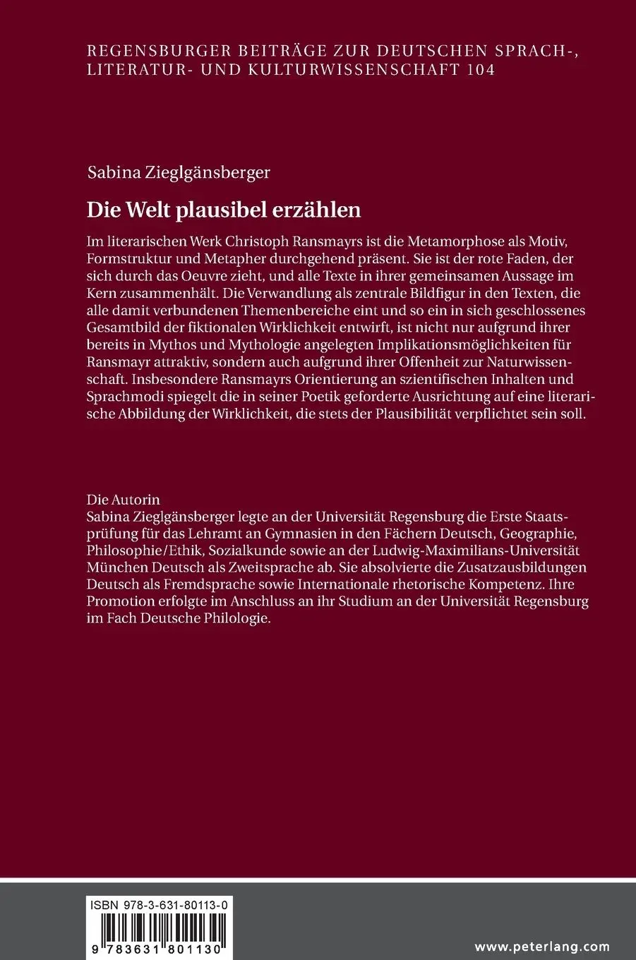 Rückseite: 9783631801130 | Die Welt plausibel erzählen | Sabina Zieglgänsberger | Buch | Deutsch