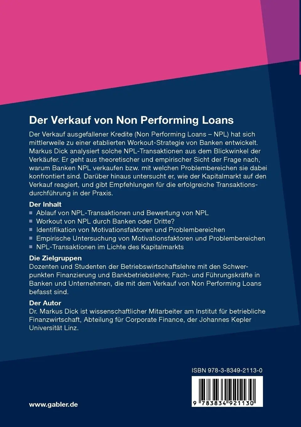 Rückseite: 9783834921130 | Der Verkauf von Non Performing Loans | Markus Dick | Taschenbuch | xxv