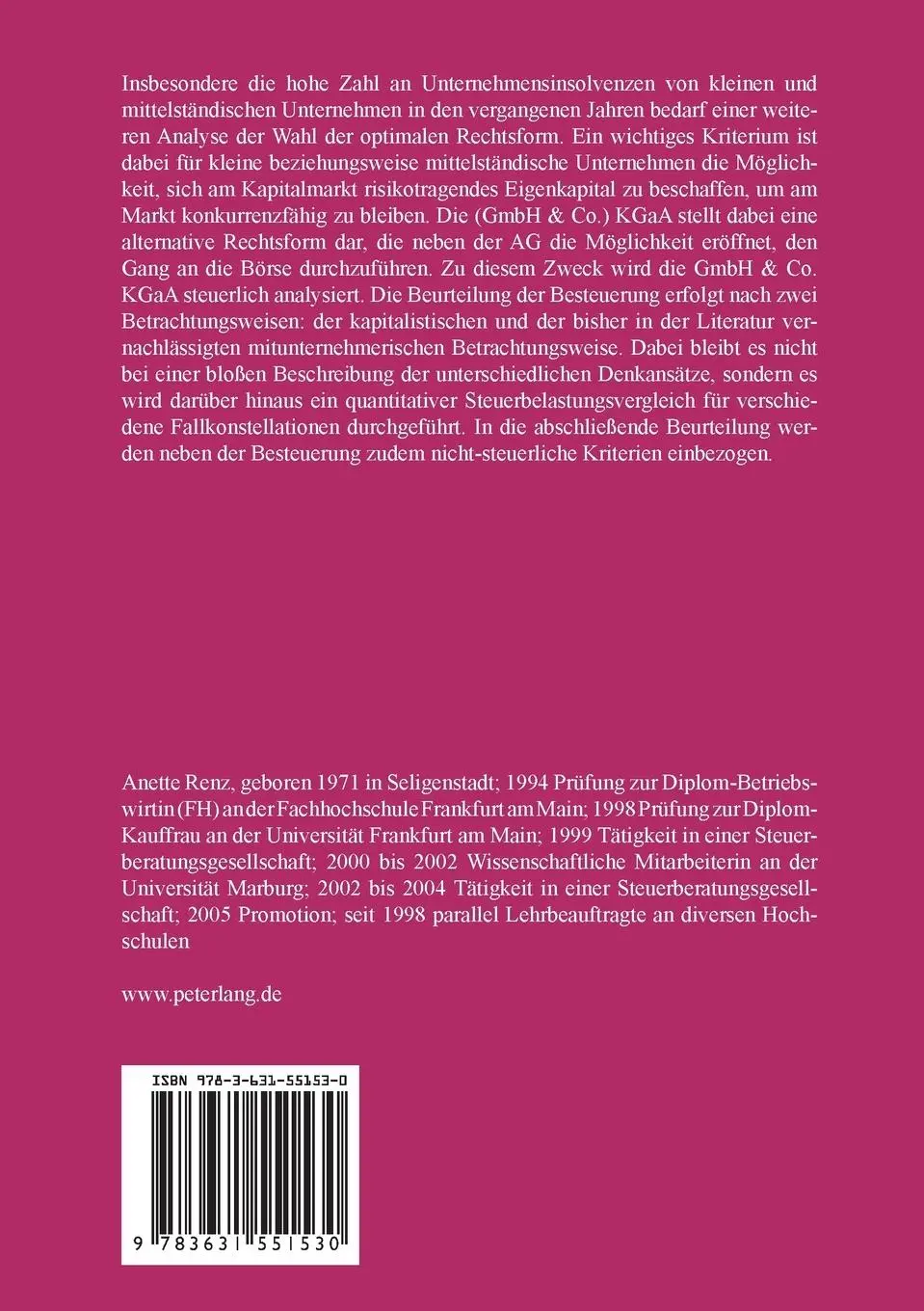 Rückseite: 9783631551530 | Die Besteuerung der GmbH &amp; Co. KGaA und ihre Eignung als Rechtsform...