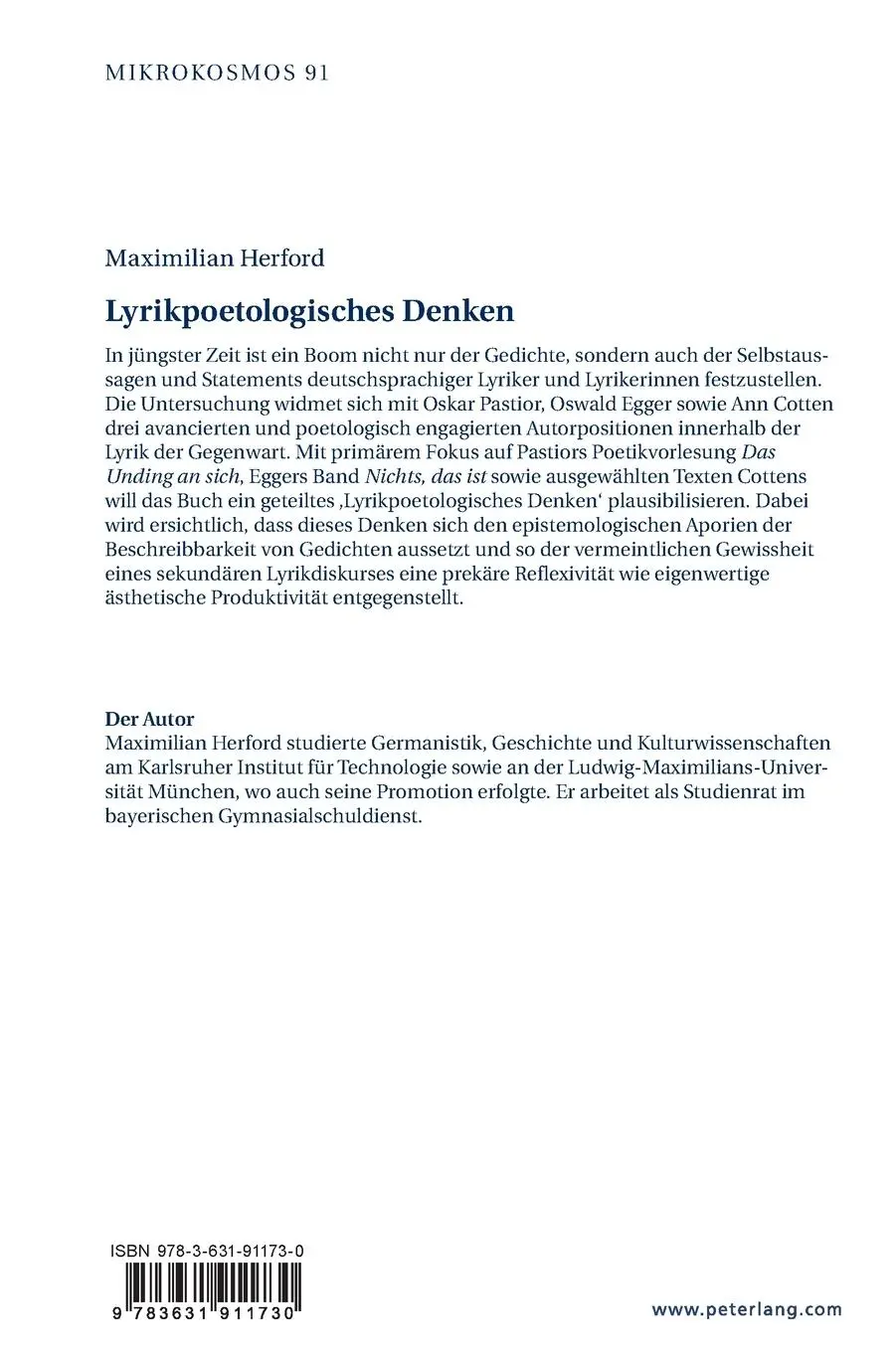 Rückseite: 9783631911730 | Lyrikpoetologisches Denken | Maximilian Herford | Buch | 256 S. | 2024