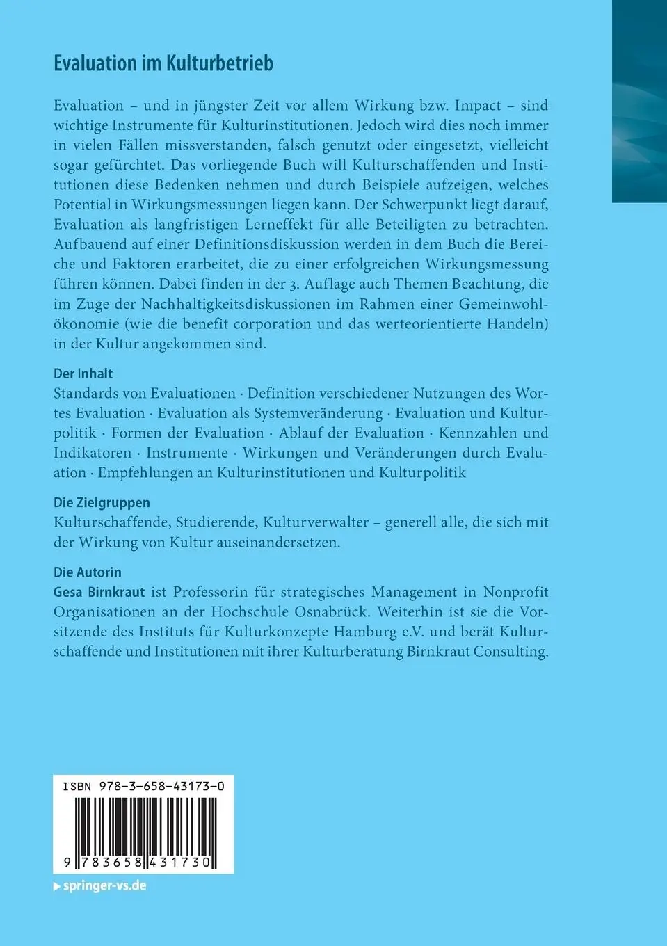Rückseite: 9783658431730 | Evaluation im Kulturbetrieb | Gesa Birnkraut | Taschenbuch | Paperback