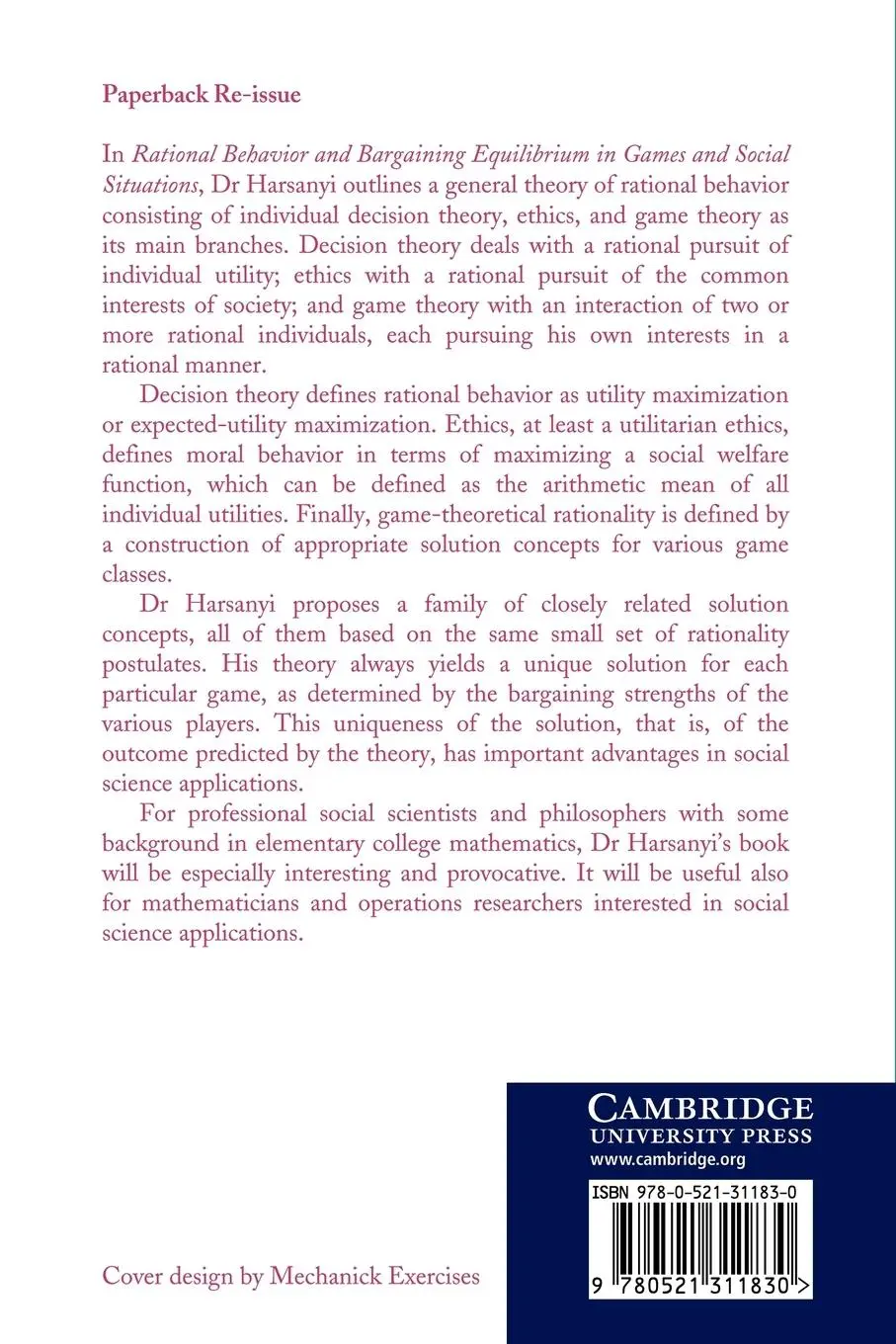Rückseite: 9780521311830 | Rational Behaviour and Bargaining Equilibrium in Games and Social...