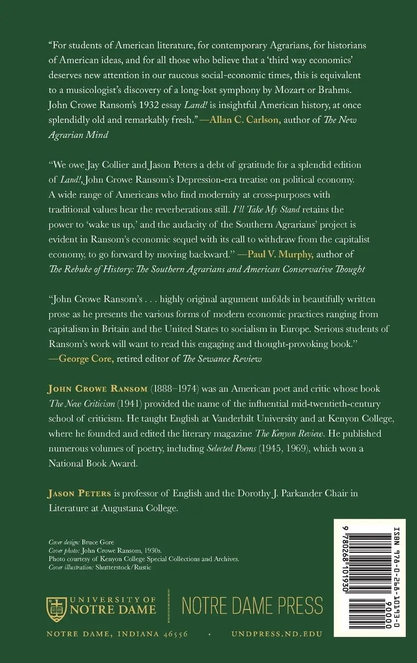 Rückseite: 9780268101930 | Land! | The Case for an Agrarian Economy | John Crowe Ransom | Buch