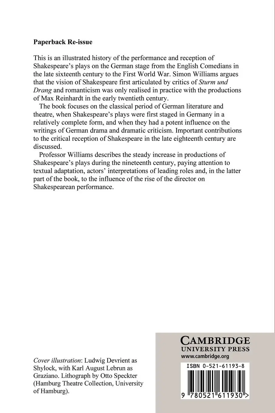 Rückseite: 9780521611930 | Shakespeare on the German Stage | Volume 1, 1586 1914 | Simon Williams