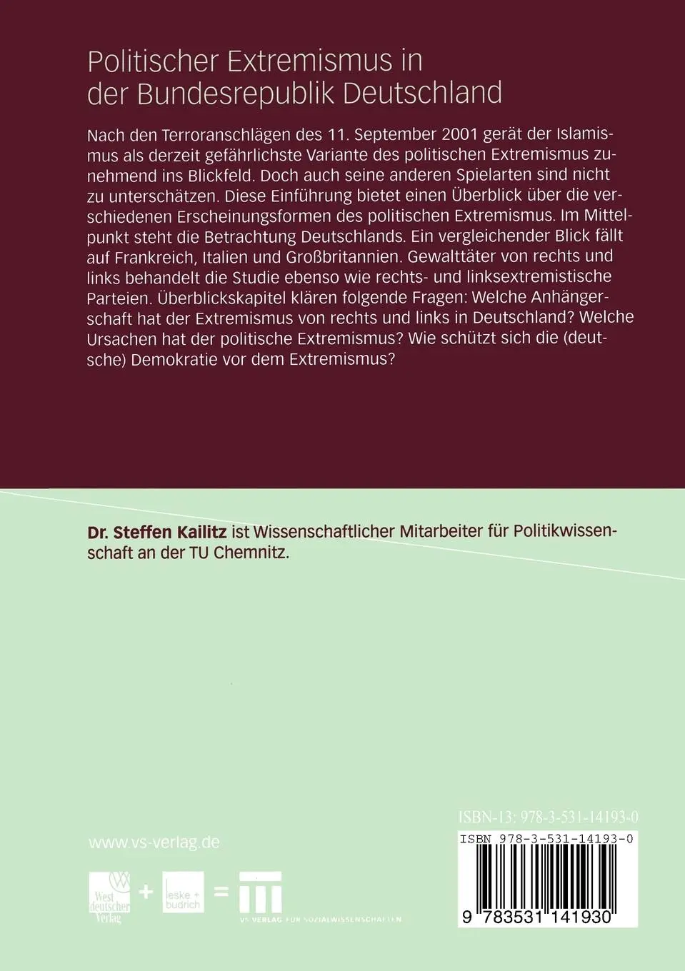 Rückseite: 9783531141930 | Politischer Extremismus in der Bundesrepublik Deutschland | Kailitz