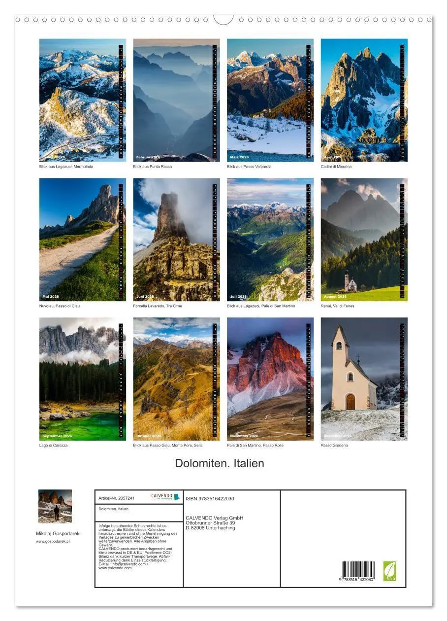 Bild: 9783516422030 | Dolomiten. Italien (Wandkalender 2026 DIN A2 hoch), CALVENDO...