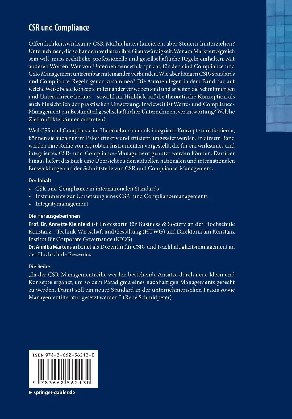Rückseite: 9783662562130 | CSR und Compliance | Annika Martens (u. a.) | Taschenbuch | xx | 2018