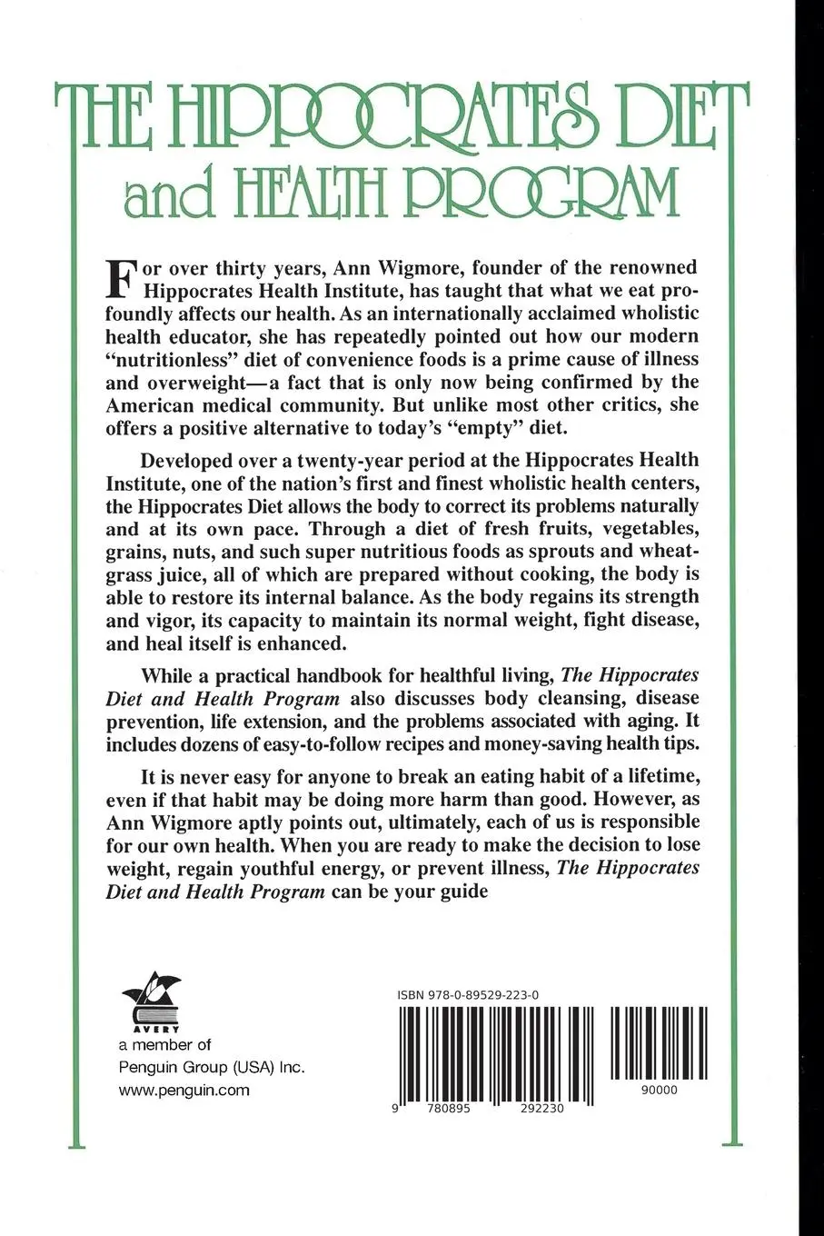 Rückseite: 9780895292230 | The Hippocrates Diet and Health Program | Ann Wigmore | Taschenbuch