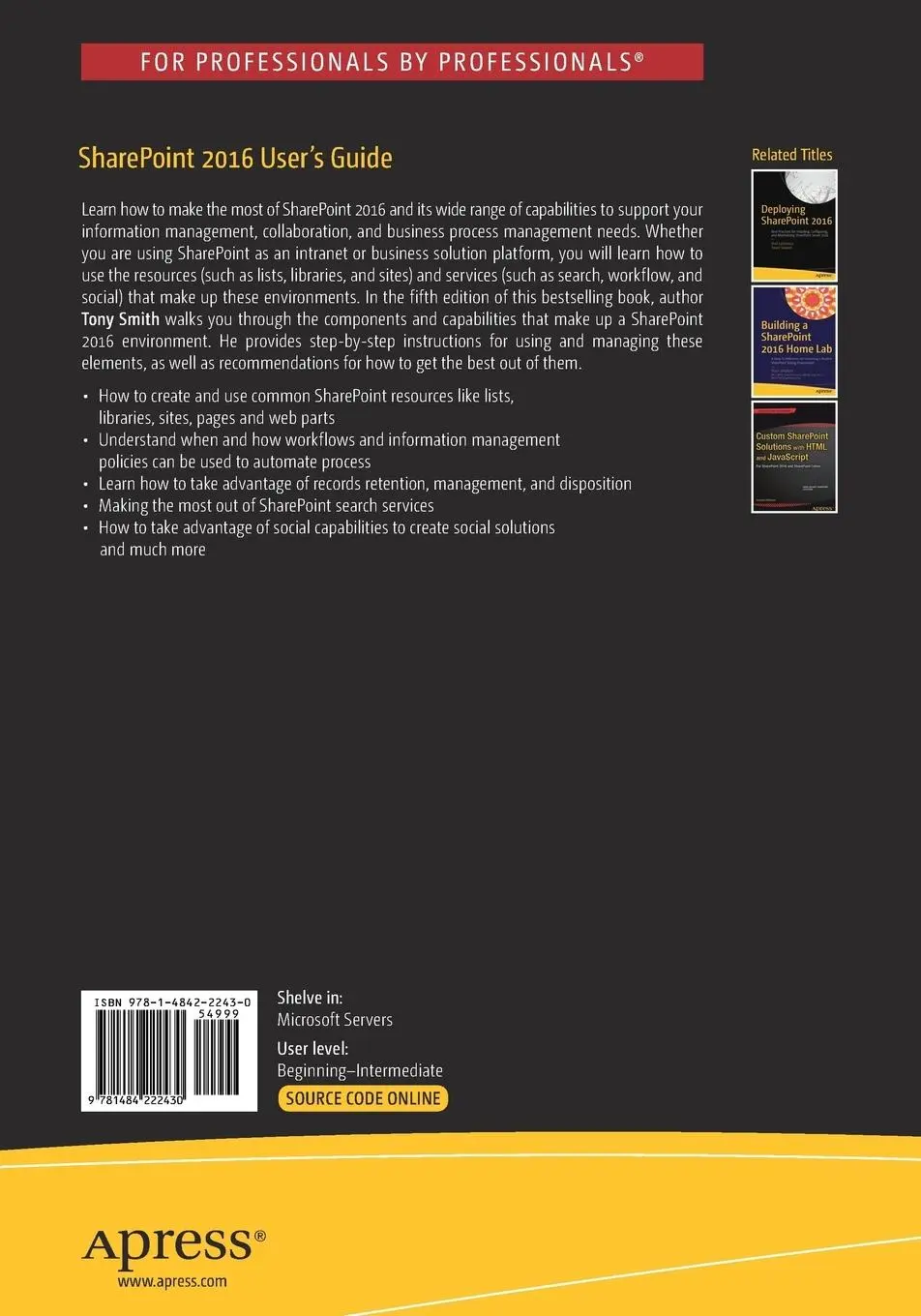 Rückseite: 9781484222430 | SharePoint 2016 User's Guide | Tony Smith | Taschenbuch | xxvii | 2016