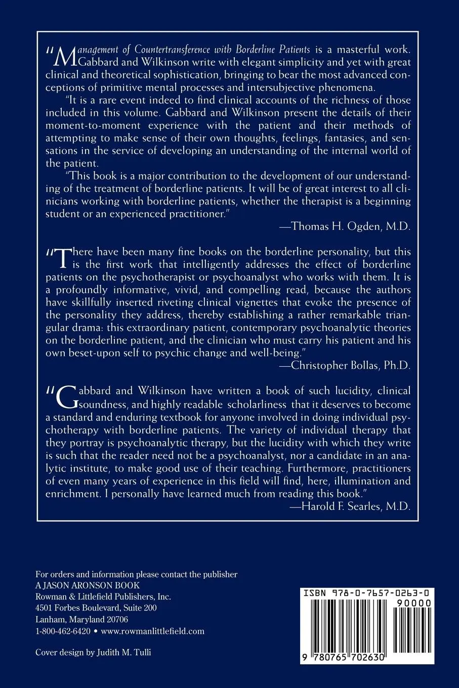 Rückseite: 9780765702630 | Management of Countertransference with Borderline Patients | Buch