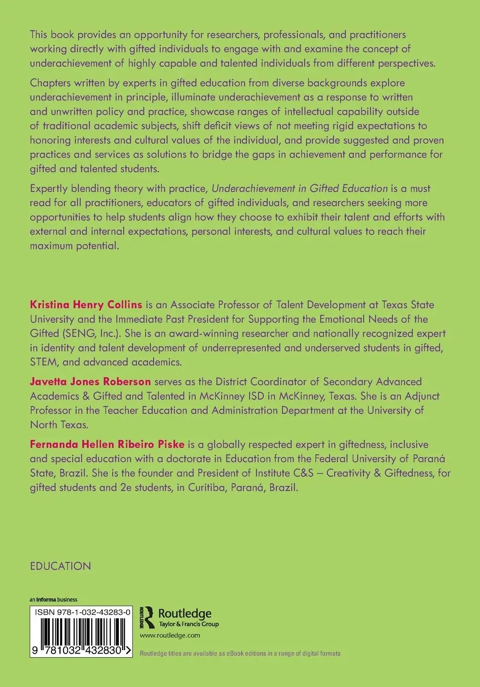 Rückseite: 9781032432830 | Underachievement in Gifted Education | Kristina Henry Collins (u. a.)