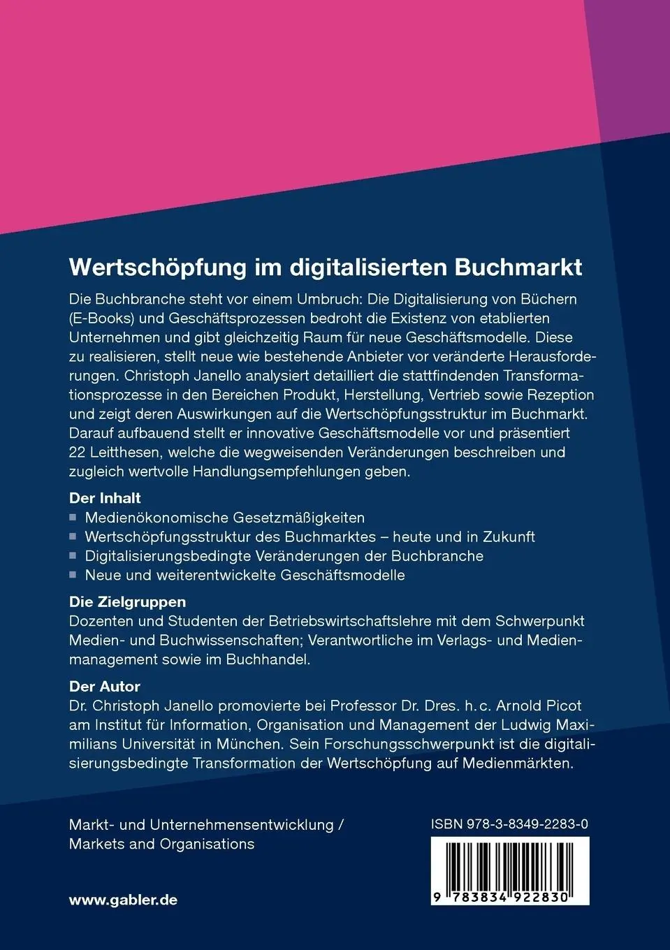 Rückseite: 9783834922830 | Wertschöpfung im digitalisierten Buchmarkt | Christoph Janello | Buch