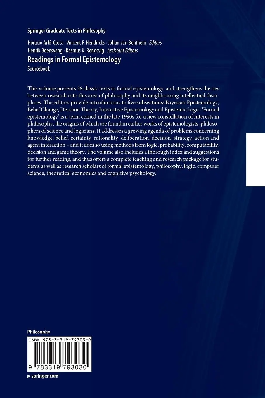 Rückseite: 9783319793030 | Readings in Formal Epistemology | Sourcebook | Arló-Costa (u. a.)