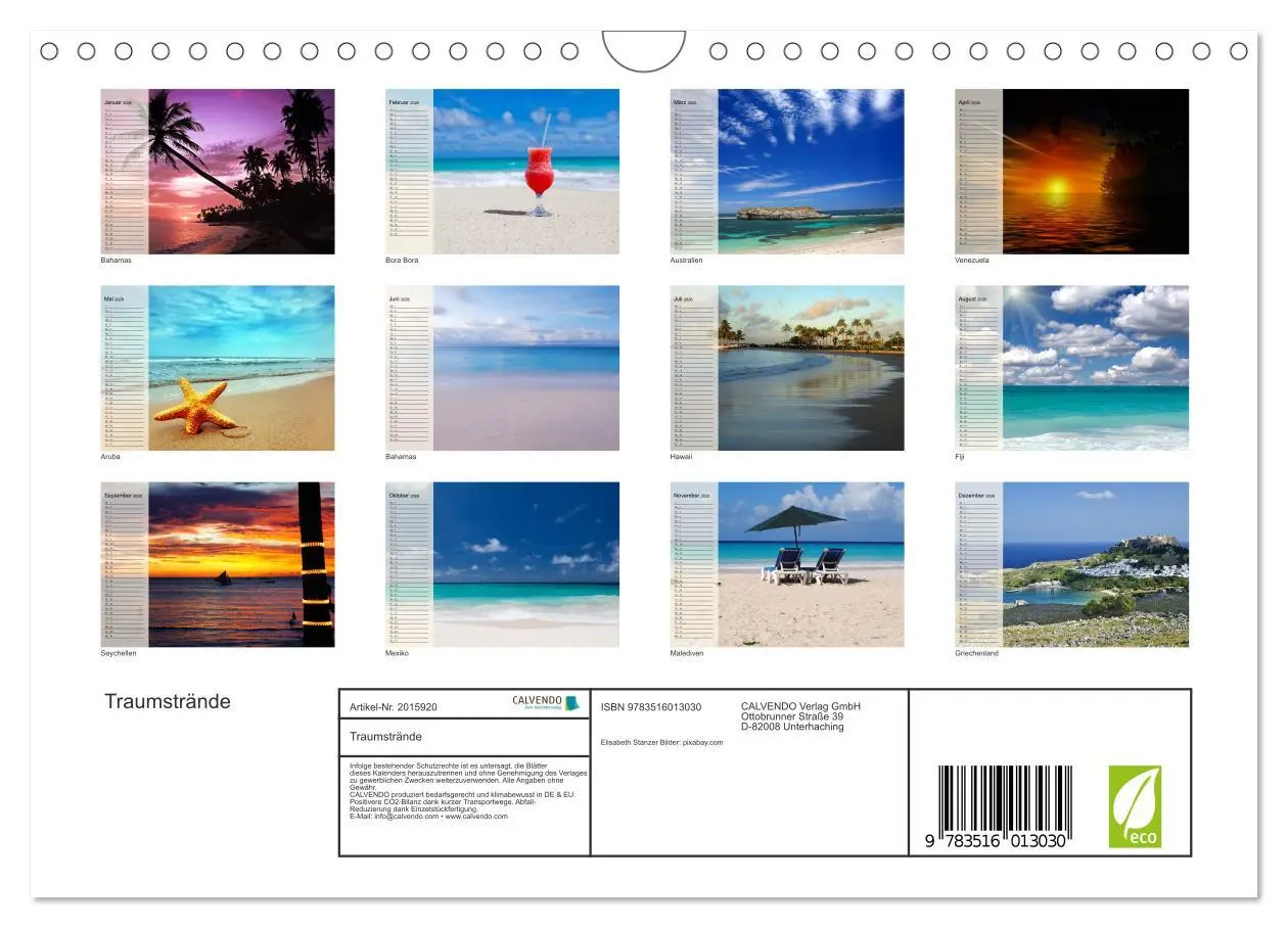 Bild: 9783516013030 | Traumstrände (Wandkalender 2026 DIN A4 quer), CALVENDO Monatskalender