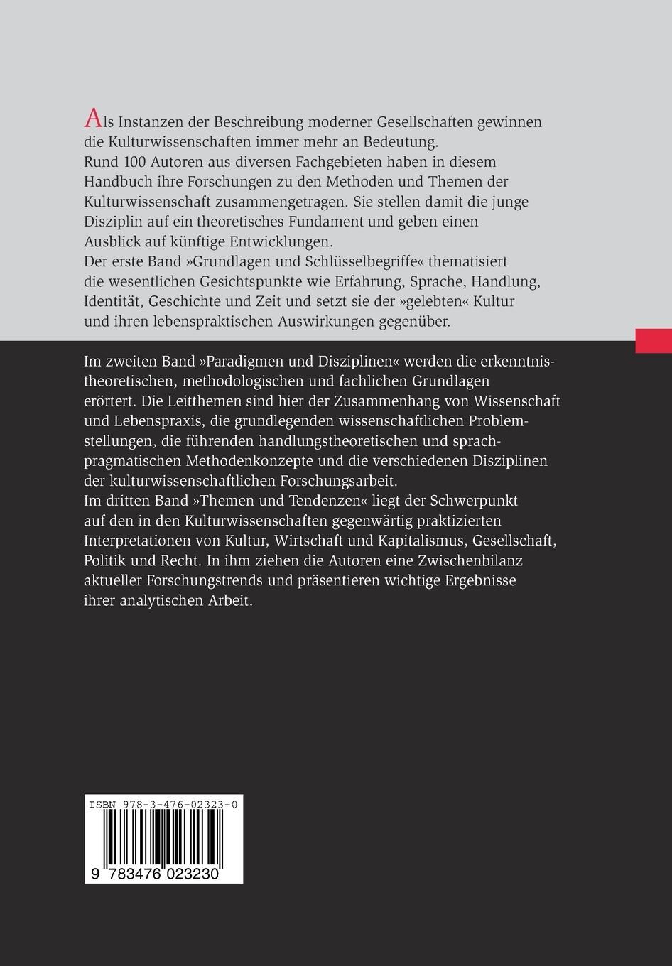 Rückseite: 9783476023230 | Handbuch der Kulturwissenschaften | Friedrich Jaeger (u. a.) | Buch