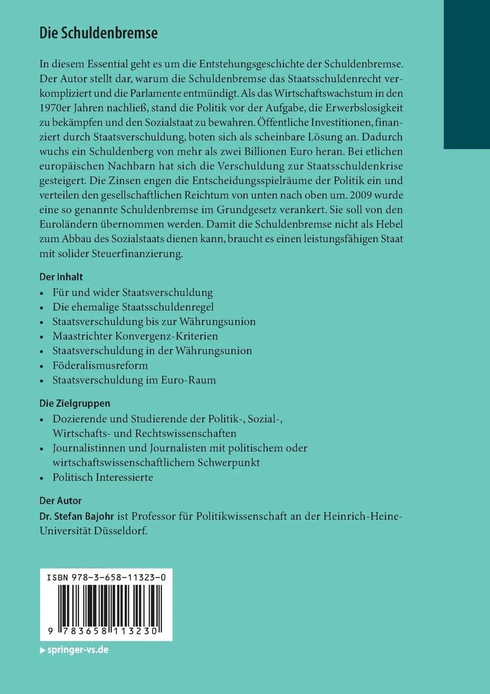 Rückseite: 9783658113230 | Die Schuldenbremse | Politische Kritik des Staatsschuldenrechts | Buch