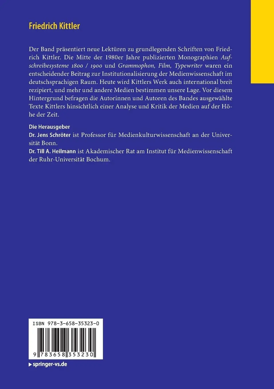 Rückseite: 9783658353230 | Friedrich Kittler. Neue Lektüren | Neue Lektüren | Schröter (u. a.)