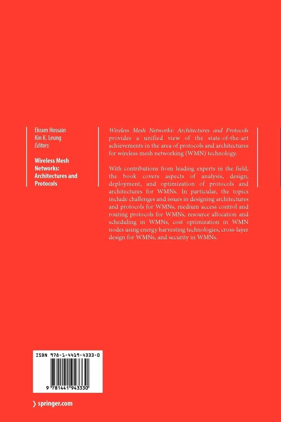 Rückseite: 9781441943330 | Wireless Mesh Networks | Architectures and Protocols | Hossain (u. a.)