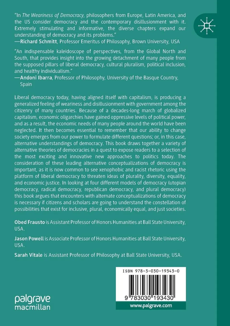 Rückseite: 9783030193430 | The Weariness of Democracy | Obed Frausto (u. a.) | Taschenbuch | xii