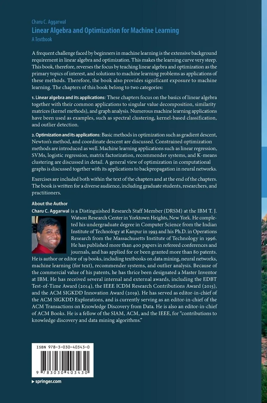 Rückseite: 9783030403430 | Linear Algebra and Optimization for Machine Learning | A Textbook