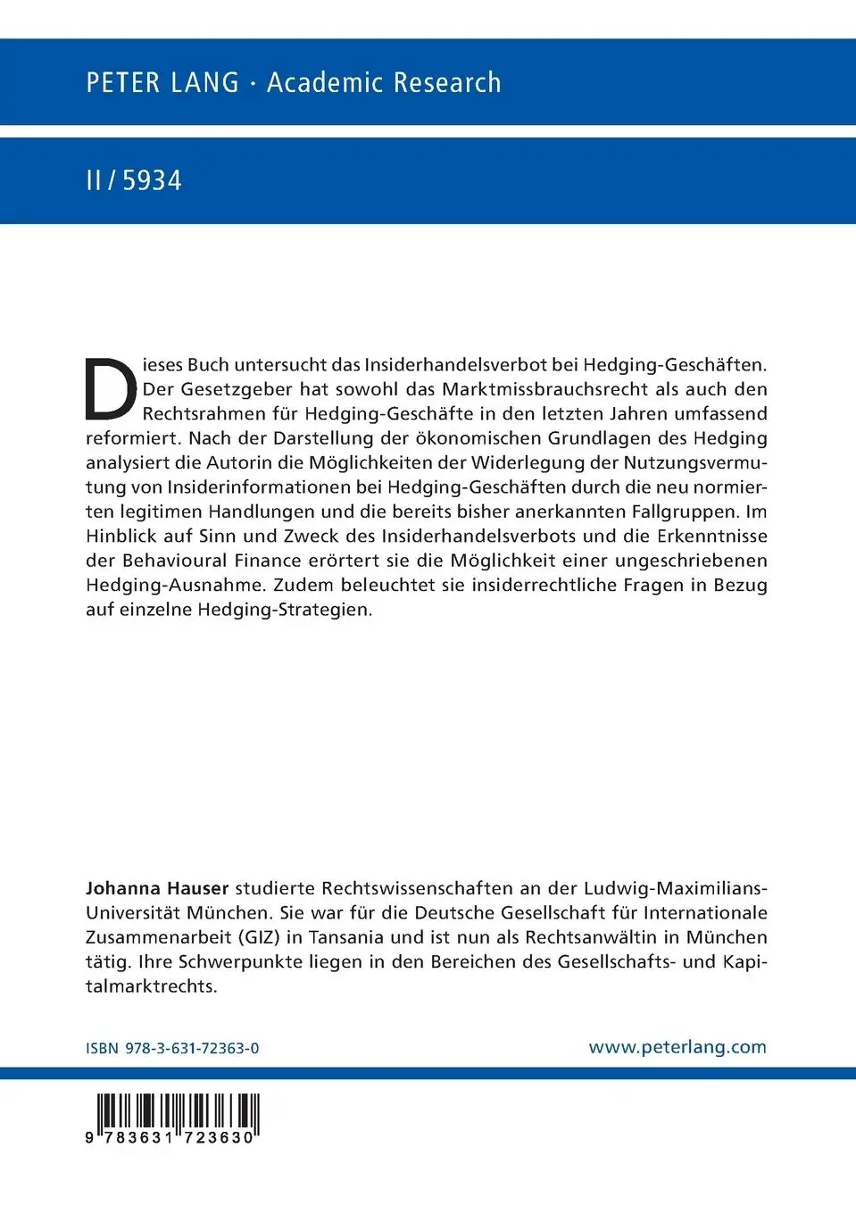 Rückseite: 9783631723630 | Hedging-Geschäfte und das Insiderhandelsverbot | Johanna Hauser | Buch