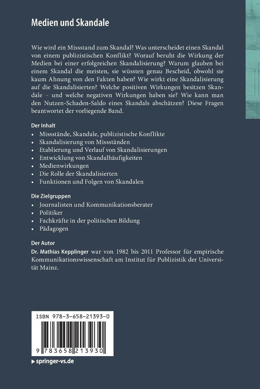 Rückseite: 9783658213930 | Medien und Skandale | Mathias Kepplinger | Taschenbuch | vi | Deutsch