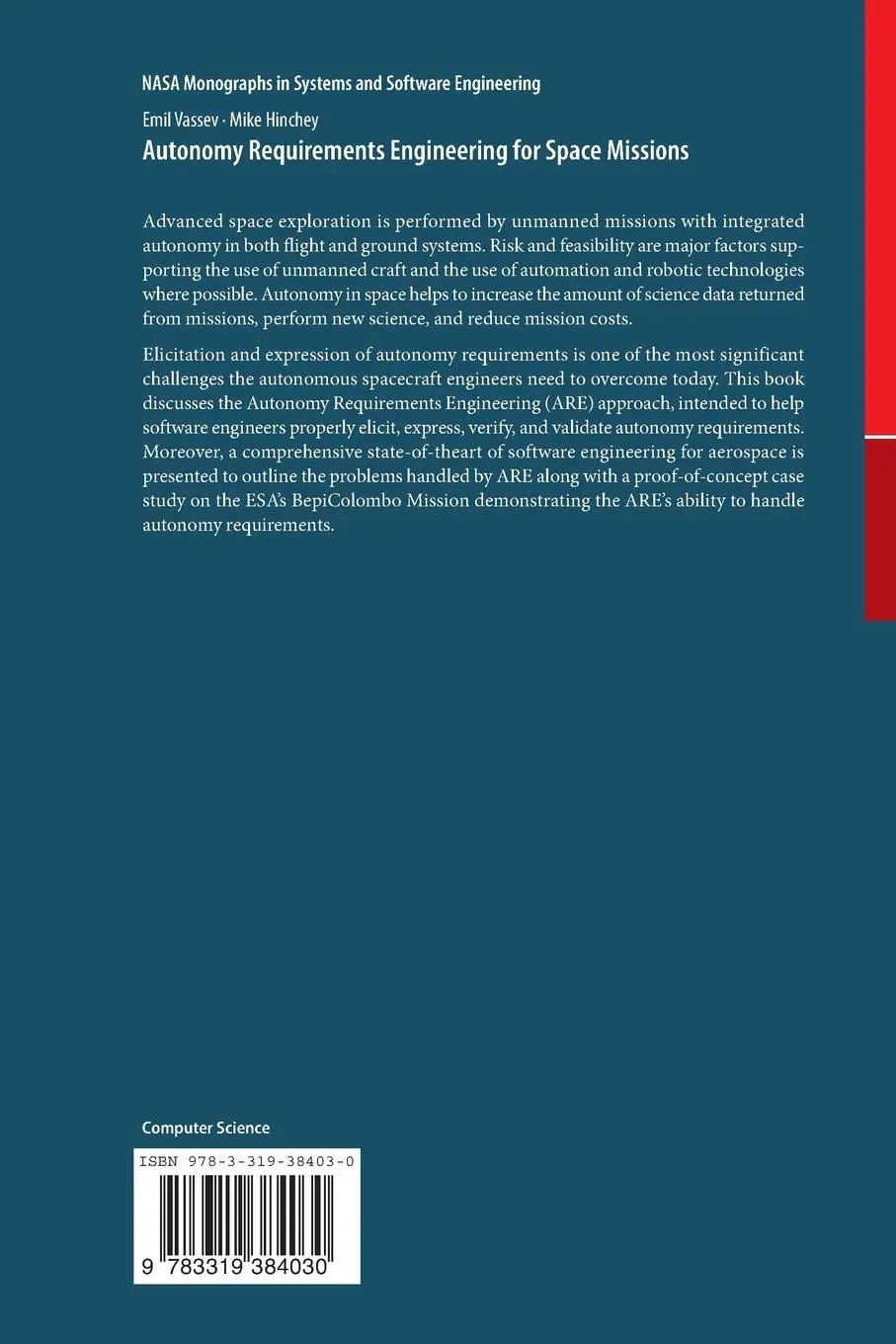 Rückseite: 9783319384030 | Autonomy Requirements Engineering for Space Missions | Vassev (u. a.)