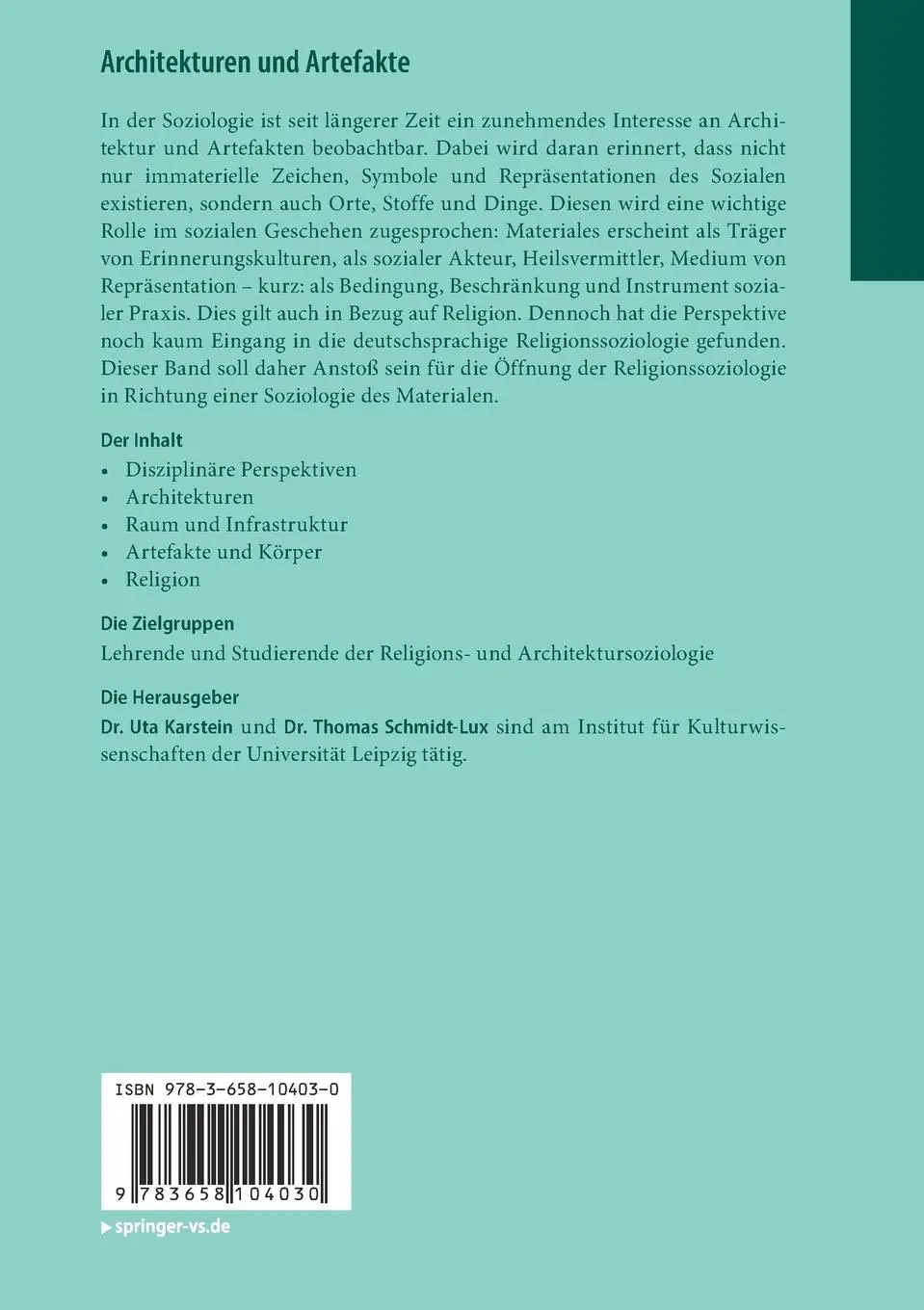 Rückseite: 9783658104030 | Architekturen und Artefakte | Zur Materialität des Religiösen | Buch