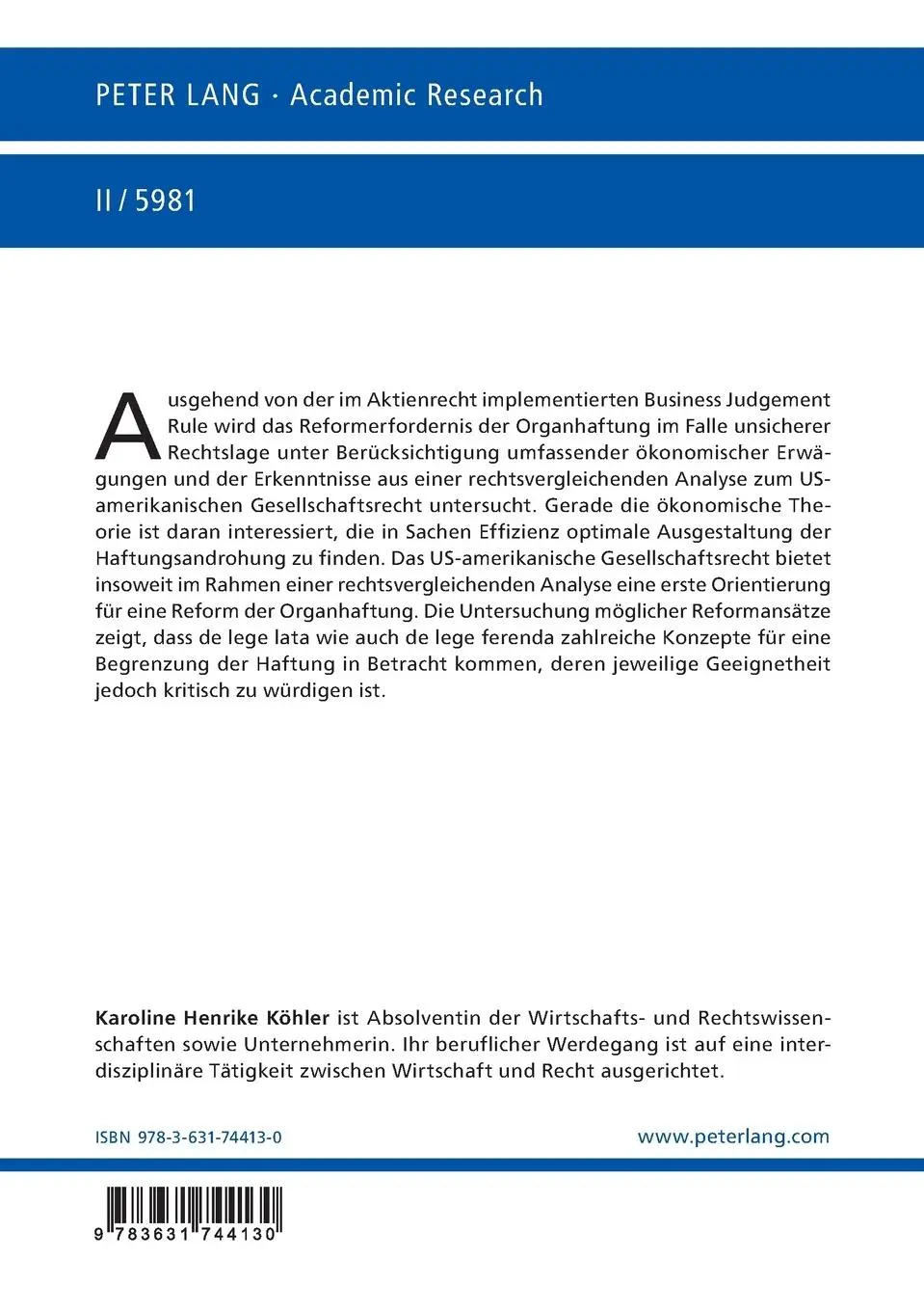 Rückseite: 9783631744130 | Legal Judgement Rule | Karoline Henrike Köhler | Taschenbuch | Deutsch