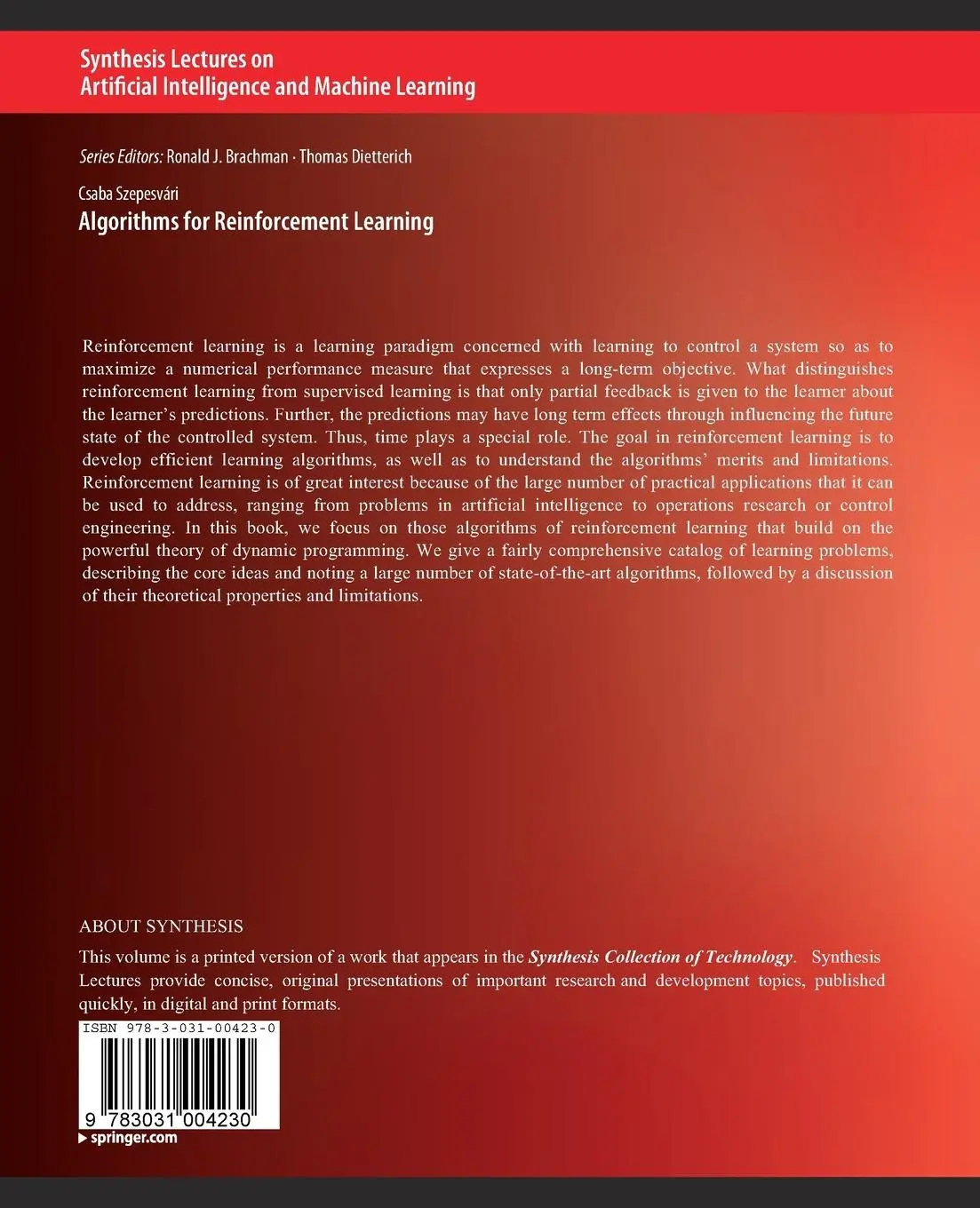 Rückseite: 9783031004230 | Algorithms for Reinforcement Learning | Csaba Szepesvári | Taschenbuch
