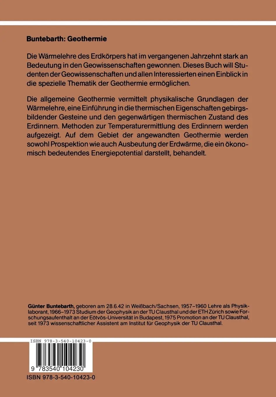 Rückseite: 9783540104230 | Geothermie | G. Buntebarth | Taschenbuch | ix | Deutsch | 1980