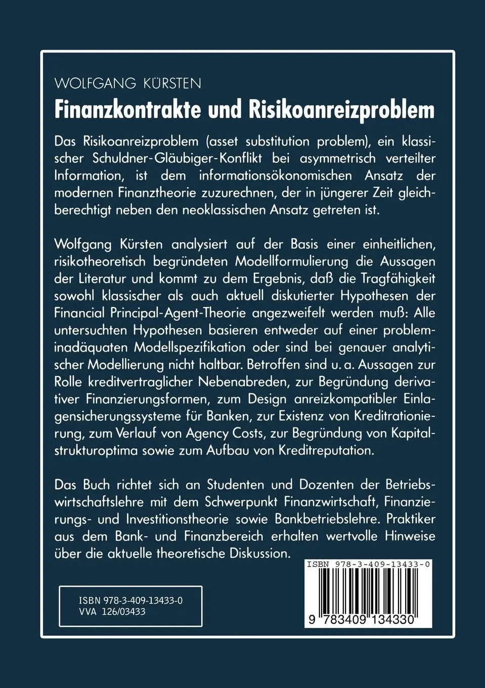 Rückseite: 9783409134330 | Finanzkontrakte und Risikoanreizproblem | Wolfgang Kürsten | Buch | xv