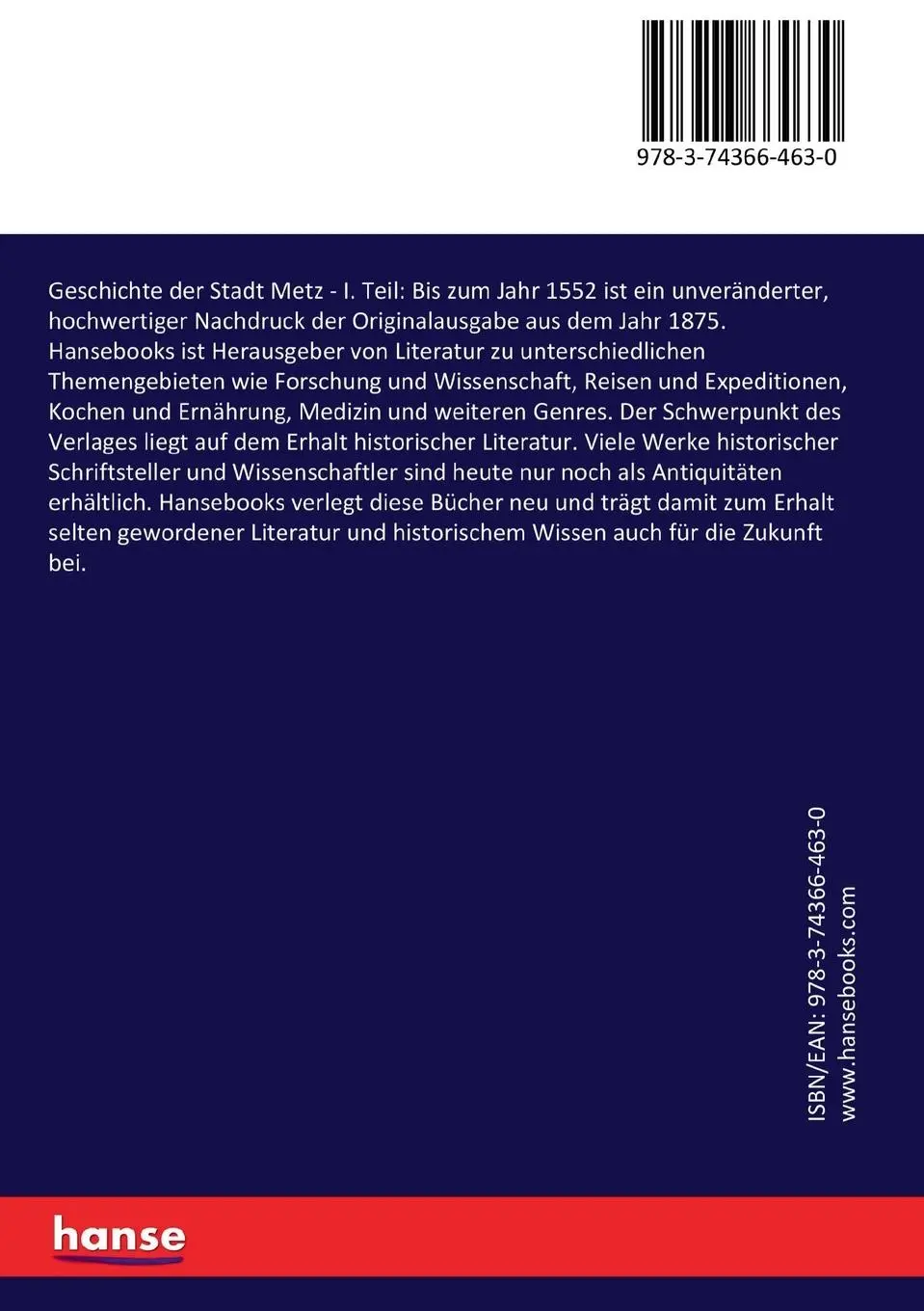 Rückseite: 9783743664630 | Geschichte der Stadt Metz | I. Teil: Bis zum Jahr 1552 | Westphal