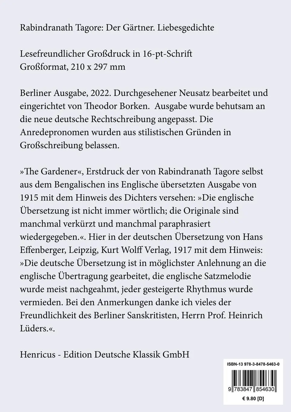 Rückseite: 9783847854630 | Der Gärtner (Großdruck) | Liebesgedichte | Rabindranath Tagore | Buch