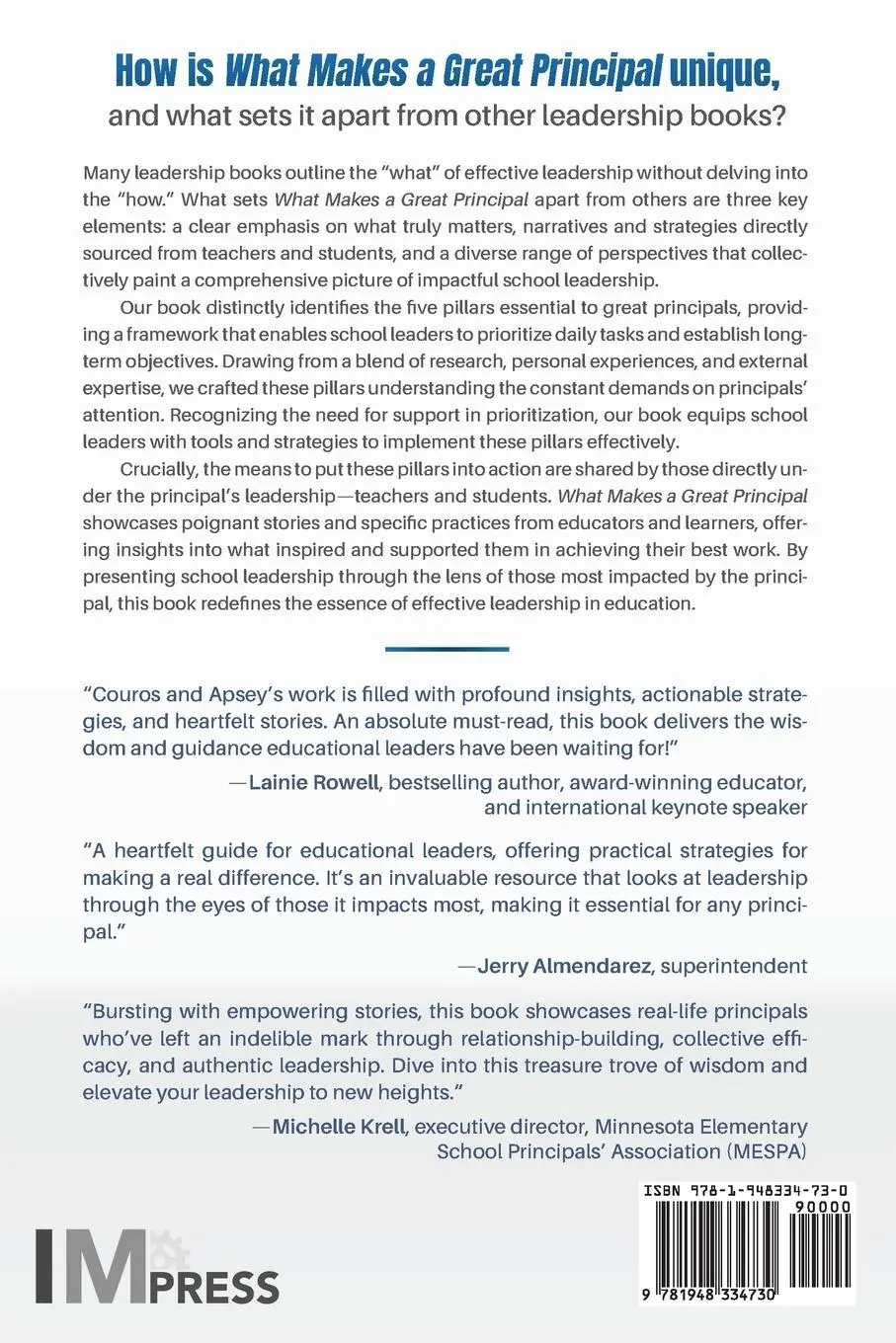 Rückseite: 9781948334730 | What Makes a Great Principal | George Couros (u. a.) | Taschenbuch