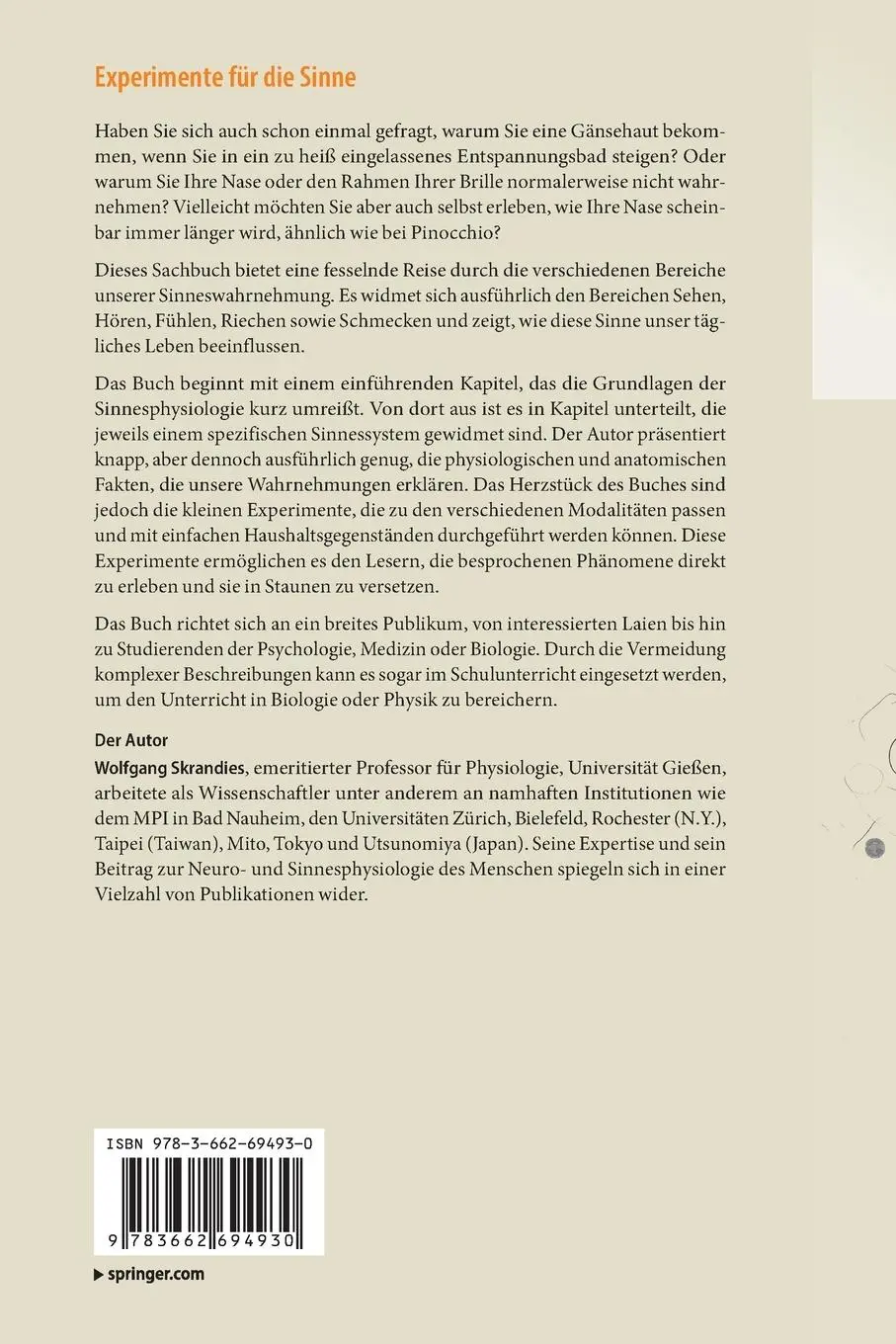 Rückseite: 9783662694930 | Experimente für die Sinne | Wolfgang Skrandies | Taschenbuch | xv