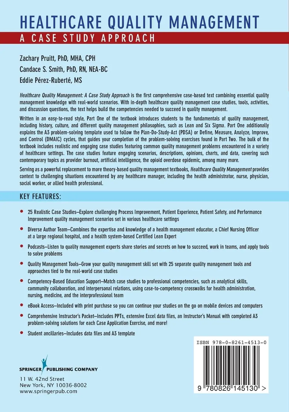 Rückseite: 9780826145130 | Healthcare Quality Management | A Case Study Approach | Pruitt (u. a.)