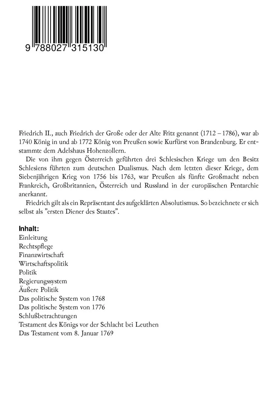 Rückseite: 9788027315130 | Aus den Politischen Testamenten | Friedrich der Große | Taschenbuch