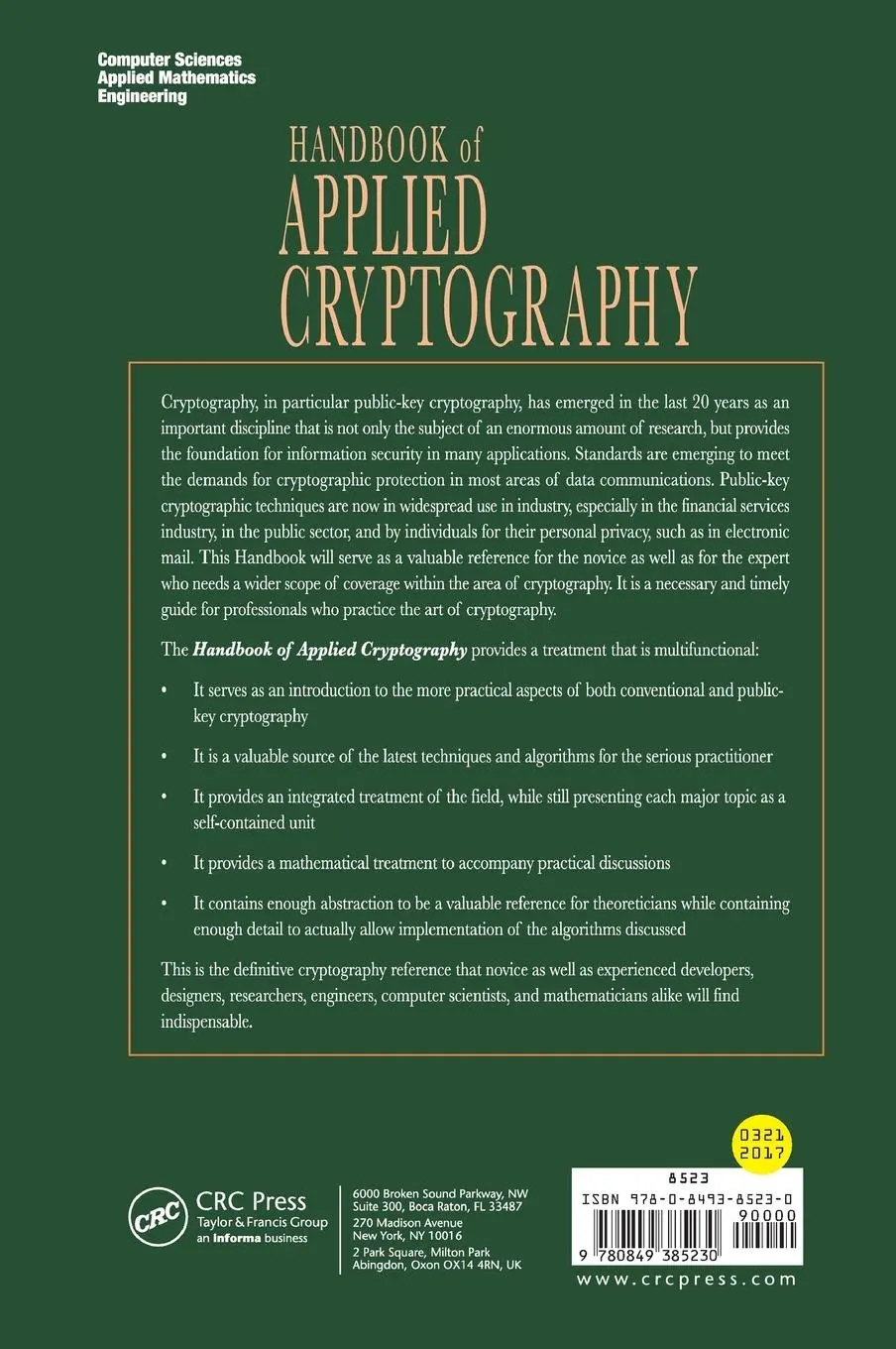 Rückseite: 9780849385230 | Handbook of Applied Cryptography | Scott A. Vanstone | Buch | Englisch