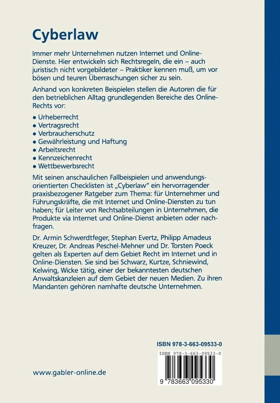 Rückseite: 9783663095330 | Cyberlaw | Grundlagen, Checklisten und Fallbeispiele zum Online-Recht