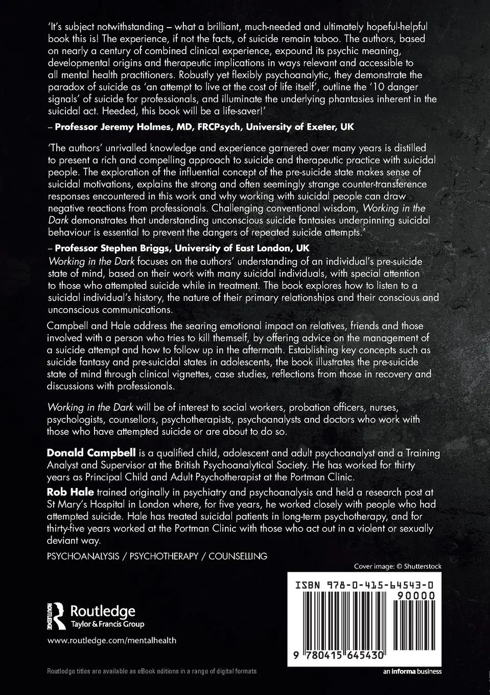 Rückseite: 9780415645430 | Working in the Dark | Understanding the pre-suicide state of mind