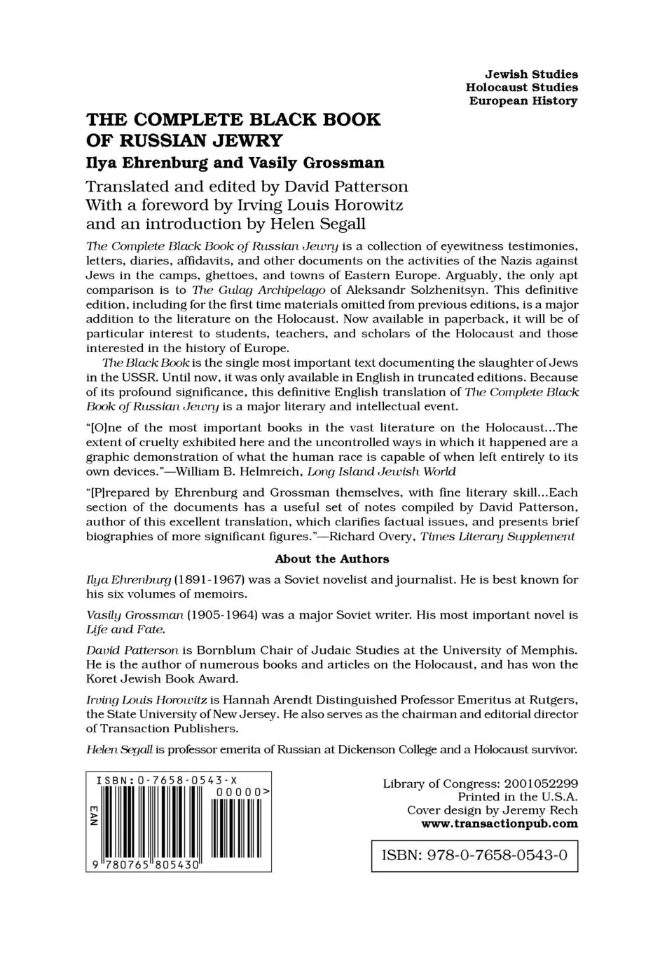 Rückseite: 9780765805430 | The Complete Black Book of Russian Jewry | Vasily Grossman | Buch