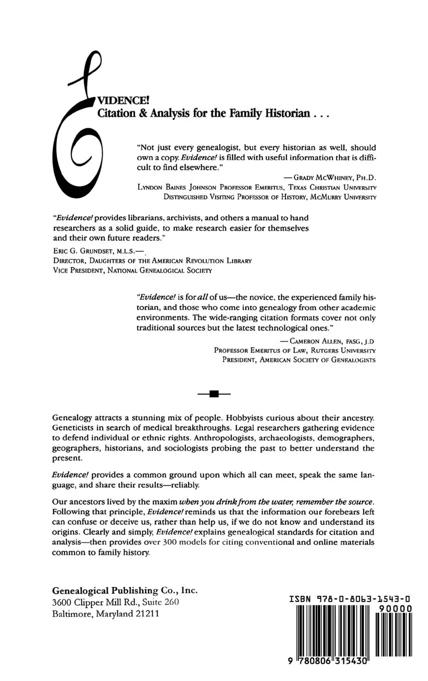 Rückseite: 9780806315430 | Evidence! Citation &amp; Analysis for the Family Historian | Mills | Buch